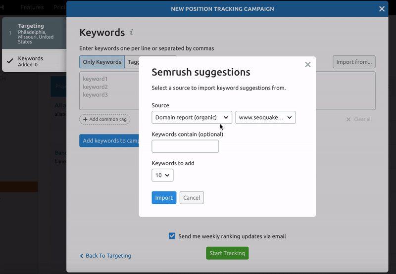 Position Tracking keywords semrush suggestions